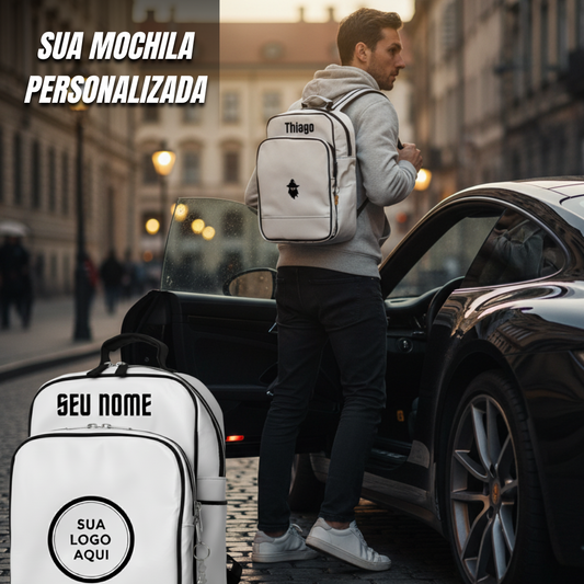 Mochila Masculina Personalizada Branca com detalhes pretos | Resistente, Estilosa e com Seu Nome – LEGEND
