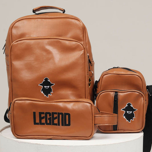 kit legend personalizado, kit com mochila necessaire e shoulder bag, kit de viagem masculino, kit de acessórios femininos, kit exclusivo com nome, fotografia de kit caramelo