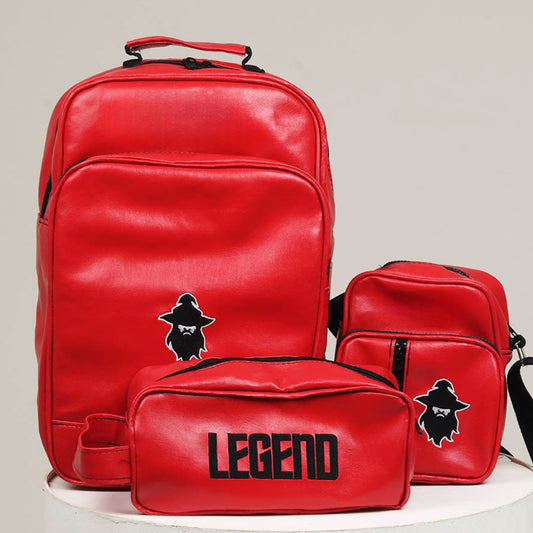 kit legend personalizado, kit com mochila necessaire e shoulder bag, kit de viagem masculino, kit de acessórios femininos, kit exclusivo com nome, fotografia de kit vermelha
